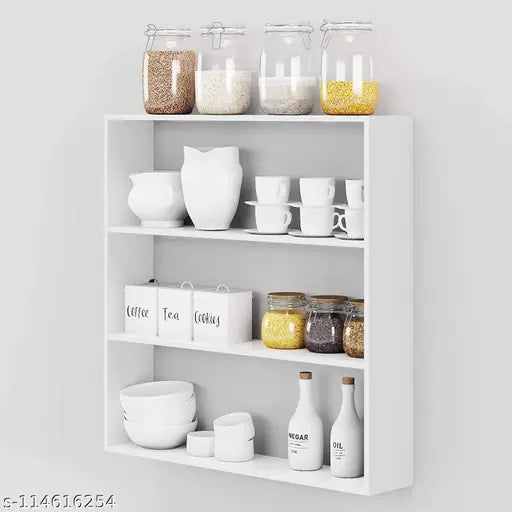White hanging kitchen shelf with various items, including cups, spoons, bottles, and bowls