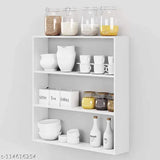 White hanging kitchen shelf with various items, including cups, spoons, bottles, and bowls
