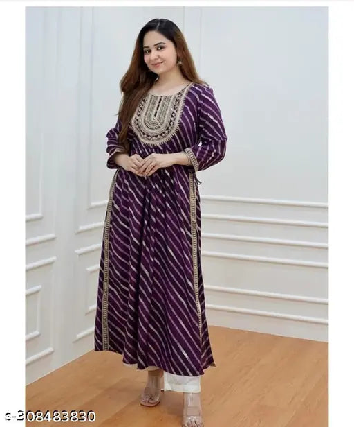 Rayon embroidered Lahariya Nayra cut kurti, three-quarter sleeves, Indian traditional women's fashion