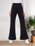 Black polyester blend women's trousers (38") - Maheshvi solid pants for sizes 26, 28, 30, 32, 34, 36, Indian-made fashion wear