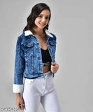 New stylish denim jacket, long-sleeved dyed/washed women's denim jacket, size S (34in bust, 21in length), made in India