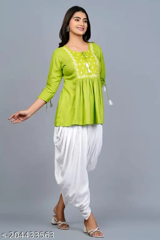 Rayon GIRAL top & dhoti set, embroidered women's Indian attire with three-quarter sleeves, sizes S to XXXL