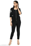 Black cotton blend women's two-piece set: fancy printed koti with full, stretchable ankle pants