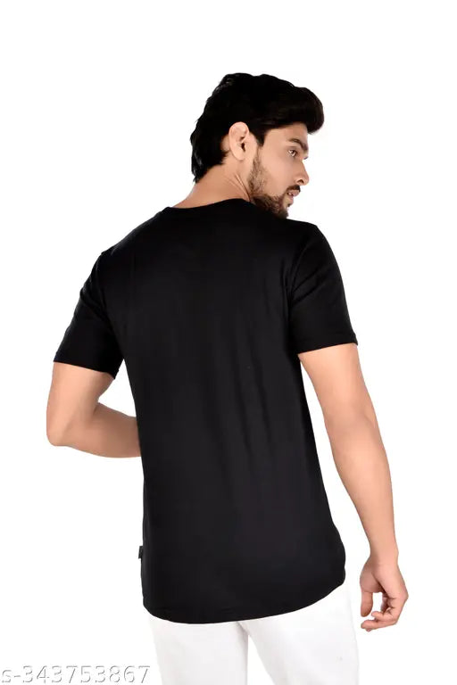 Black cotton round neck T-shirt for men, solid design and short sleeves, comfortable fit and built-in sun protection, side pocket included