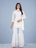 Three-piece women's georgette sharara set with sequin embellishments, sleeveless blouse