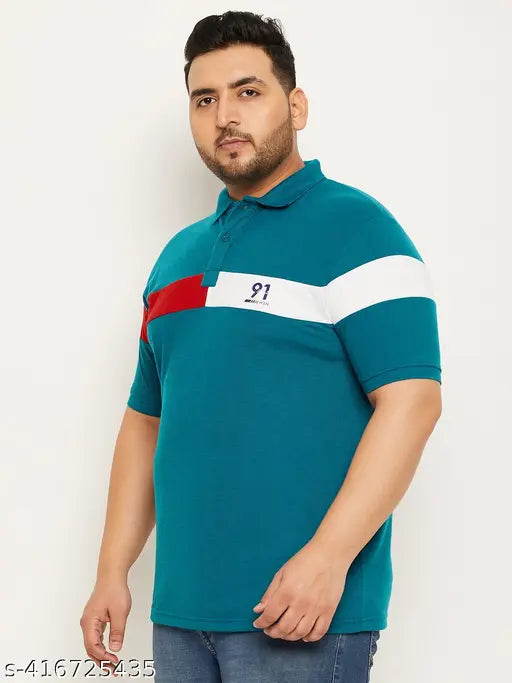 Men's plus size colorblocked polo collar t-shirt, cotton blend with short sleeves and logo on chest. Size options: XXXL (29 in chest, 18.5 in length), 4XL (30 in chest, 19 in length), 5XL (31 in chest, 19.5 in length). Made in India