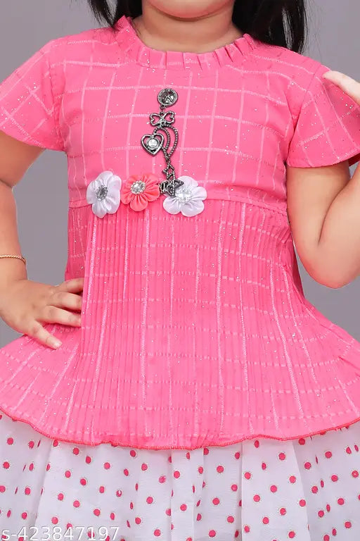 Cute fancy cotton blend printed dress set for girls, three-quarter sleeves, solid top and printed bottom, sizes 6-9 months to 8-9 years, India origin