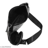 Black leather zip cross-body purse with adjustable shoulder strap, silver coin chain accents, and side pocket for cards