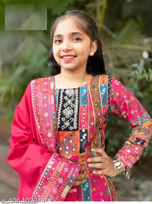 Pink cotton blend children's A-line palazzo suit with embellished top and dupatta set, featuring long sleeves and real mirror hand work, design by Indian artist
