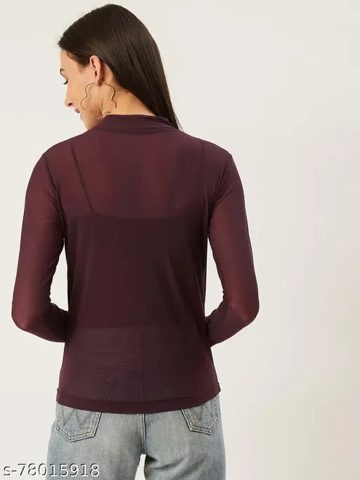 Long-sleeve printed net top (XS-XXL), Indian-made fitted full sleeve