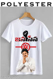 White printed polyester Pawan t-shirt from Janasena Party, short sleeves, India