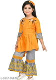 Red cotton kurta set with sharara pants for kids, acrylic dupatta, sleeveless design, premium quality rayon fabric