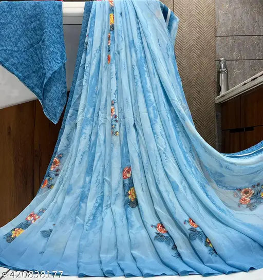 Weightless saree with matching blouse, printed fabric, light blue color