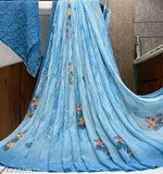 Weightless saree with matching blouse, printed fabric, light blue color