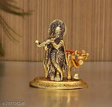 Metal Krishna with Cow Idol, handcrafted decorative showpiece for home or office gifting, gold-toned, size LBH65x55x9 cm