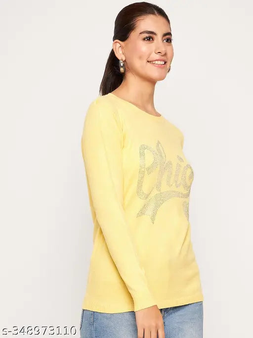 Woolen winter full sleeve stone print round neck top/sweater for women, embellished net pattern, free size (36in bust, 25in length)