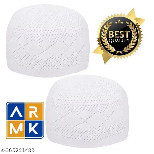 White cotton Islamic cap (2) - Traditional Turkey knitting for regular use and gifting