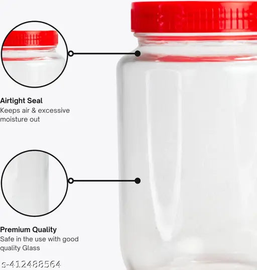 Round glass jar, BPA free, 1000 ml, airtight storage container, multipurpose jar, kitchen containers with lid, red cap, pack of 6