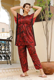 Grass print satin nightsuit for women, Veshvilla long pyjamas set with short sleeves on hanger