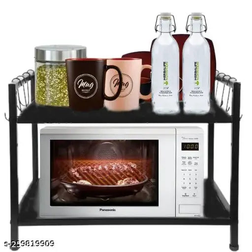 Black and silver microwave oven stand, 2-tier design with hook shelves, suitable for all ovens, 30L to 50L, well-organized for kitchen storage