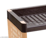 Brown plastic step shelf storage rack in kitchen, suitable for food and snacks, features 4 wheels for mobility, with racks on top for storing fruits, vegetables or kitchenware