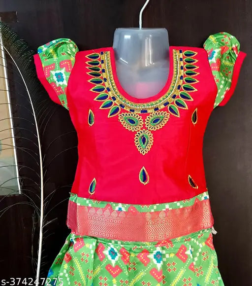 Silk Bandhani-embroidered Lehenga Choli/Pattu Pavadai for kids, 1-2 years, zari border, ready-to-wear traditional wear, India origin