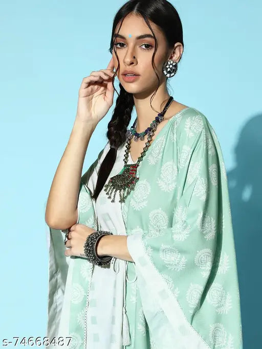 Cream Rayon Kaftan Kurta & Pants Set: Indian printed V-neck kurta and slip-on pants