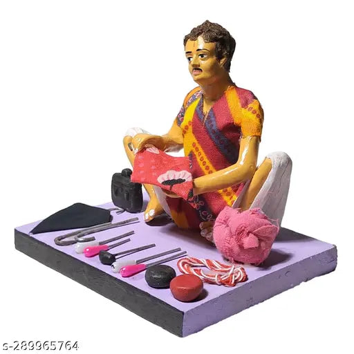 Handcrafted clay figurine of an umbrella repairman, handpainted in vibrant rainbow colors, with tools and feathers