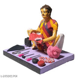 Handcrafted clay figurine of an umbrella repairman, handpainted in vibrant rainbow colors, with tools and feathers