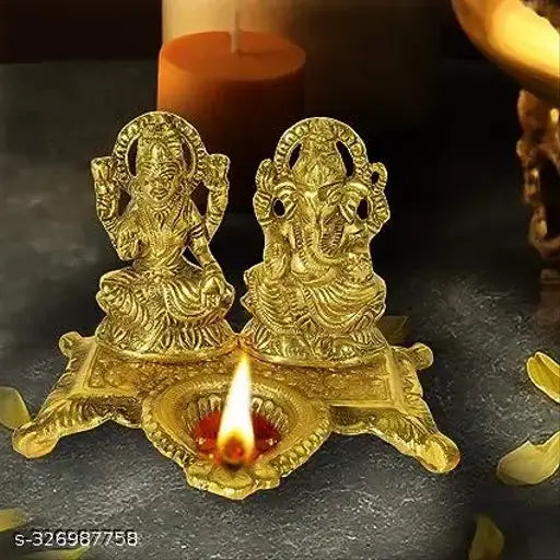 Metallic Laxmi-Ganesh with Deepak - Indian decorative figurine for home décor, 15cm x 11cm x 10cm