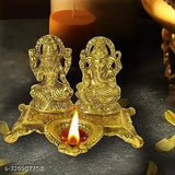 Metallic Laxmi-Ganesh with Deepak - Indian decorative figurine for home décor, 15cm x 11cm x 10cm