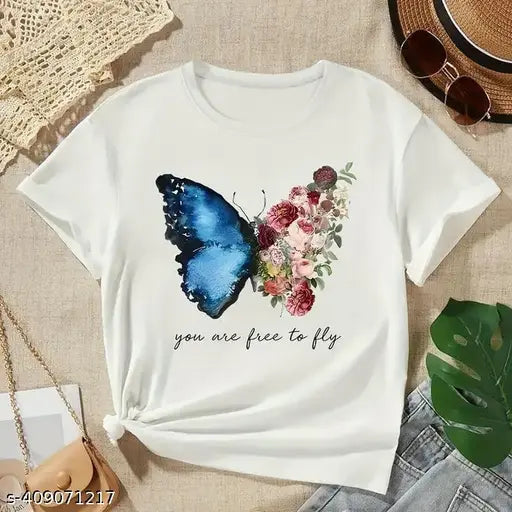 White printed polyester half-sleeve T-shirt for women, featuring round neck and short sleeves with intricate design pattern. Made in India