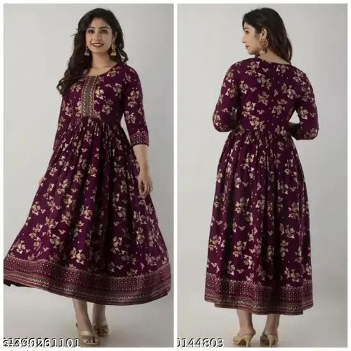 Rayon printed anarkali gown with three-quarter sleeves, vibrant Indian design. S (36in, 45in), M (38in, 45in), L (40in, 45in), XL (42in, 45in), XXL (44in, 45in), XXXL. Quality Indian fashion for women