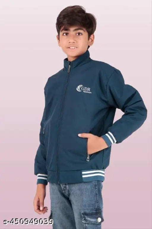 A trendy, full-sleeve kids winter jacket with zip closure for boys