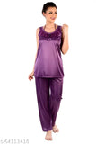 Purple and maroon satin pyjama set (2 combo night suit top), comfortable fashion by Nightdoll brand