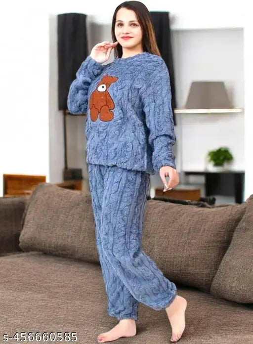 Cute bear design on blue fleece women's pajama set, cozy and trendy nightwear, modern and fashionable night suit with woolen fabric for warm fuzzy nights
