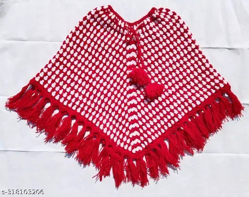 Handmade woolen poncho for baby girl, self-design with long sleeves. Comfortable winterwear in various sizes from 0-6 months to 12-18 months. Made in India