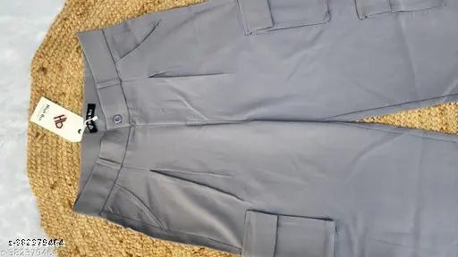 Korean light grey cotton blend cargo pants, solid pattern with five pockets. Size: 32 (waist 32in, length 42in, hip 40in)