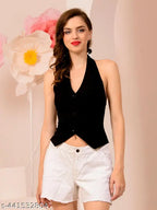 Trendy sleeveless polyester duffle coat for women, solid design, size S (34in bust, 16in length)