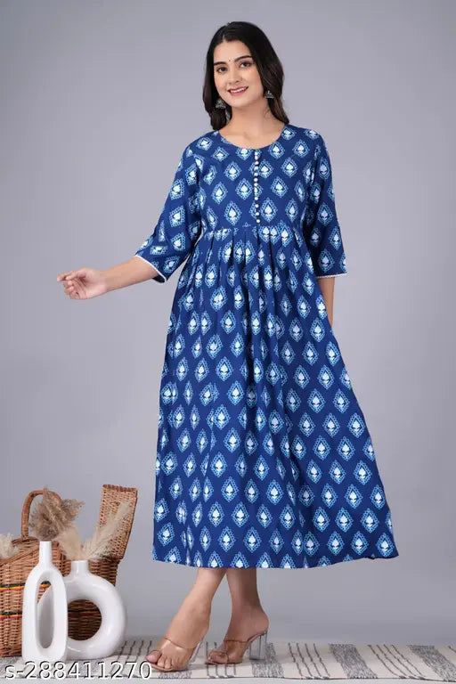 Rayon printed long flared Anarkali kurtis in three-quarter sleeves, Indian modern style for women's functions and festivals