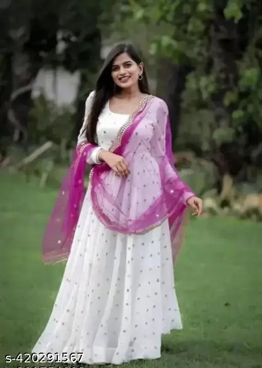 White Georgette gown with long sleeves and embroidered net details, formal wedding dress on mannequin (Size S: 36-38-34-38-14, Made in India)