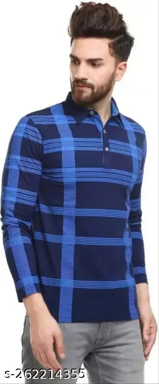 Stylish Navy Checkered Cotton Blend T-Shirt with Long Sleeves, versatile for wardrobe additions