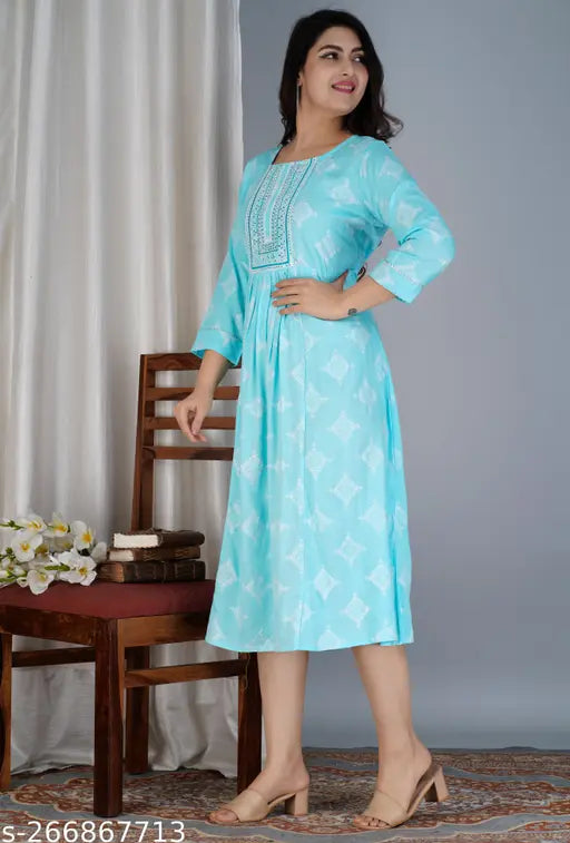 Gold blue printed 3/4 sleeve rayon anarkali kurta for women - Indian traditional wear in intricate print on soft viscose fabric