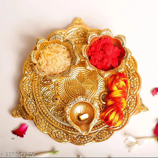 Brass Pooja Thali Set with 3 Diyas, handcrafted artifact for home, kitchen, office, or gift, showpiece dimensions 18x18x4 cm