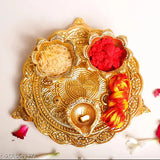 Brass Pooja Thali Set with 3 Diyas, handcrafted artifact for home, kitchen, office, or gift, showpiece dimensions 18x18x4 cm