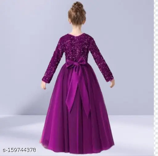 Royal Purple sequin work velvet-net dress, full length, embroidered sleeves for girls party wear