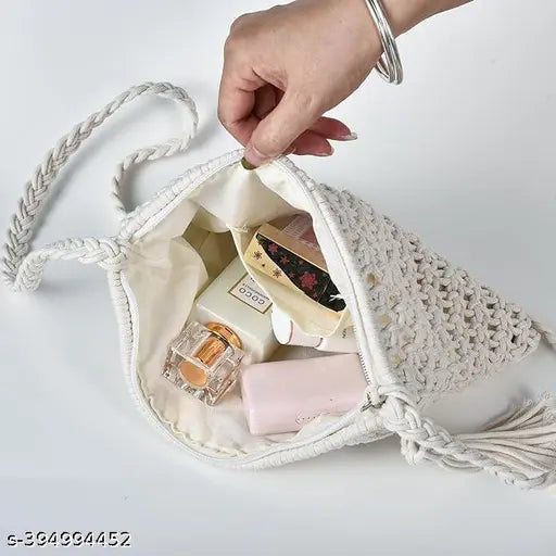 Macrame women's crossbody handbag with beige tassels and fringe detail