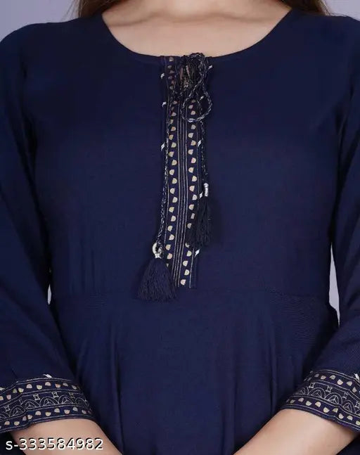 Navy blue rayon printed anarkali kurti with side button closure