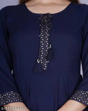 Navy blue rayon printed anarkali kurti with side button closure