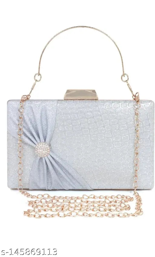 Blue and gold fabric clutch, rhinestone embellishment